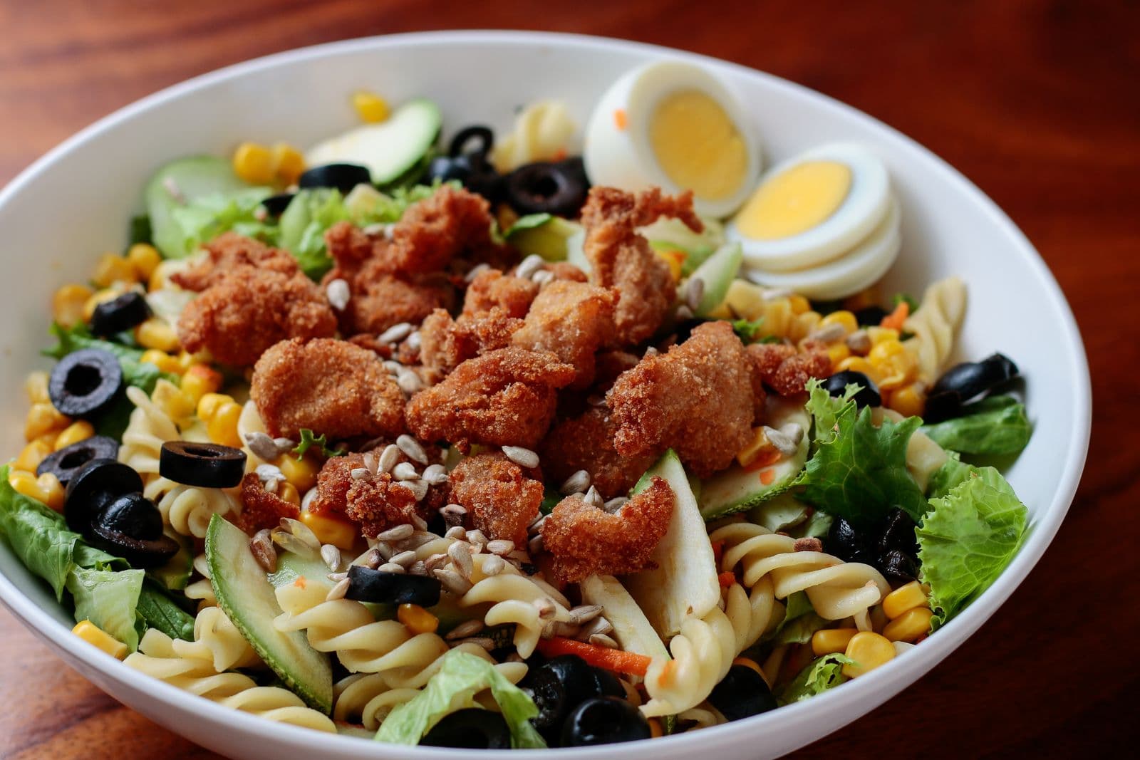 Charred corn, chicken and lime pasta salad