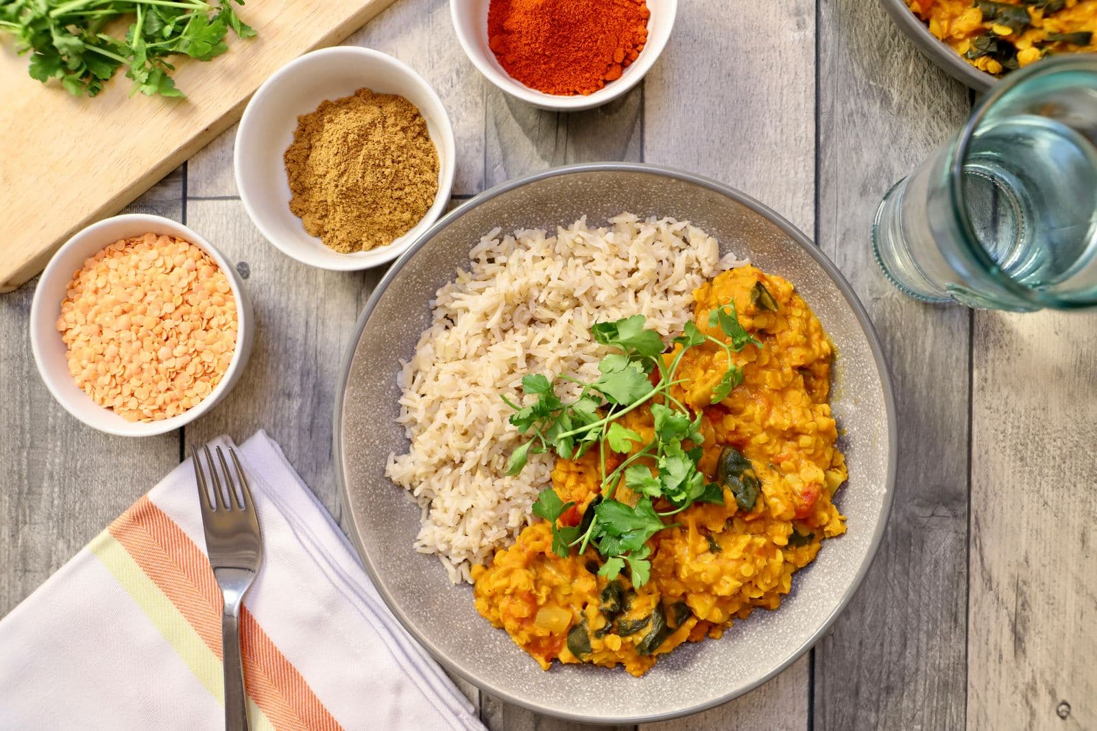 Red lentil and chickpea dhal with rice and spinach