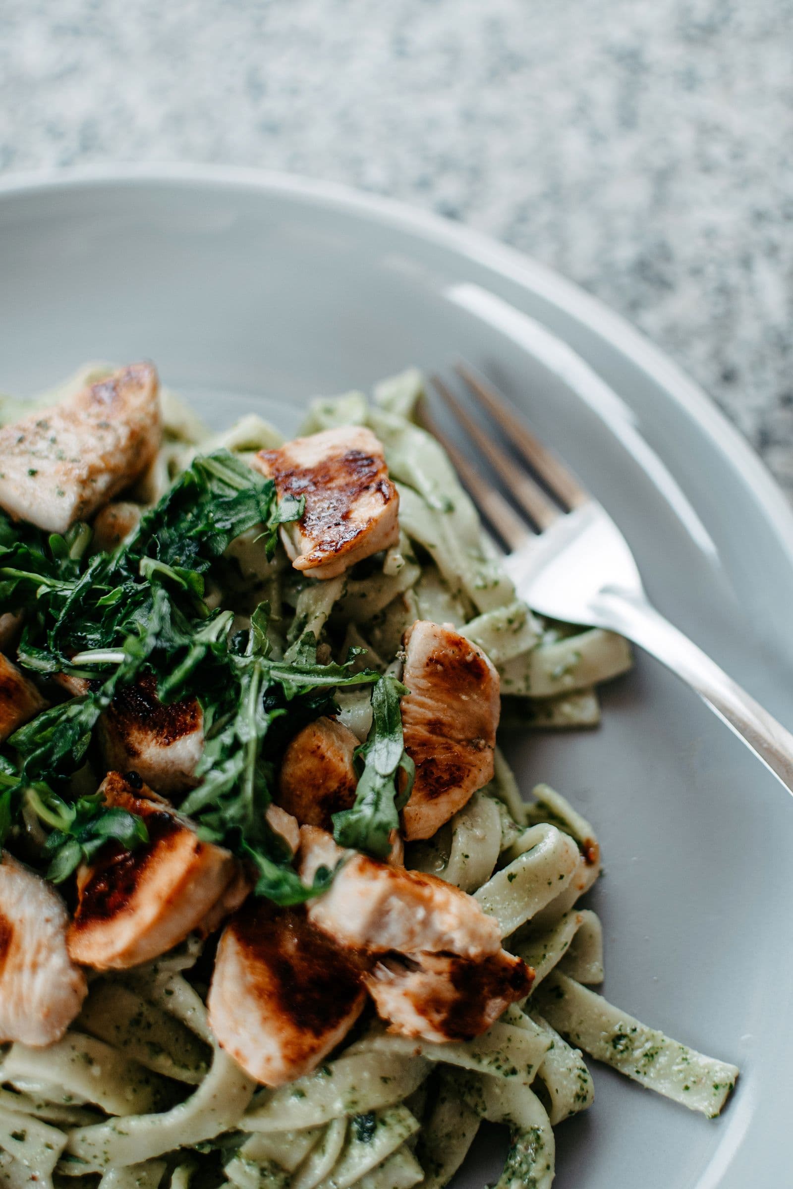 Creamy chicken, bacon and pesto pasta